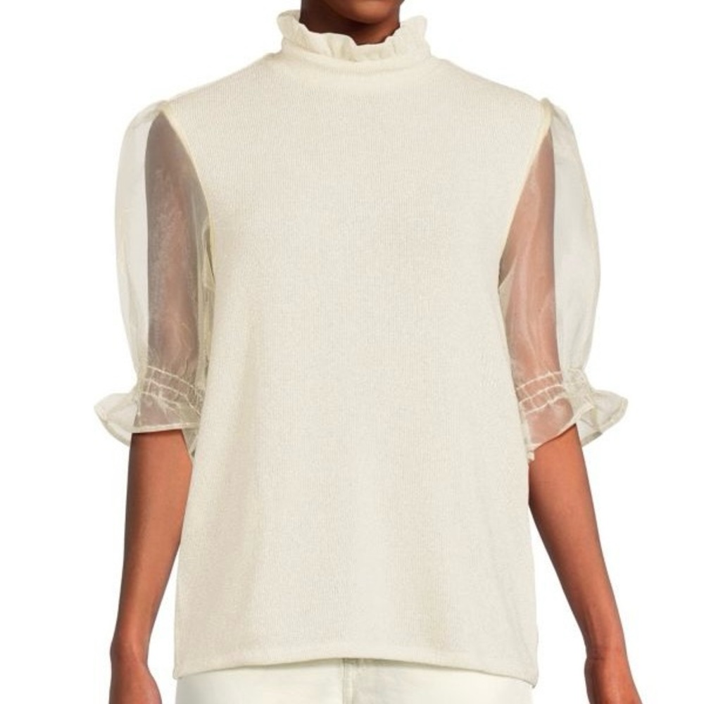 GIBSONLOOK Sheer Sleeve Shimmer Sweater Size Small Champagne